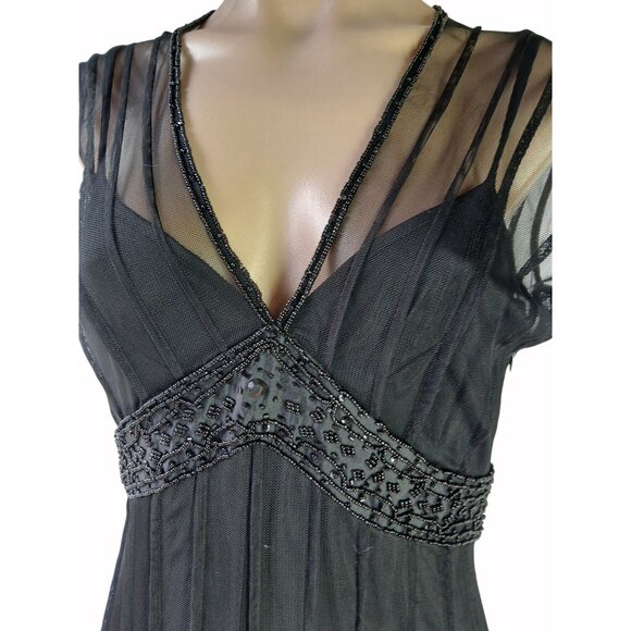 ECI New York Black Mesh Evening Dress Beaded Waist Size 4 Illusion Empire  Lined - Picture 4 of 15